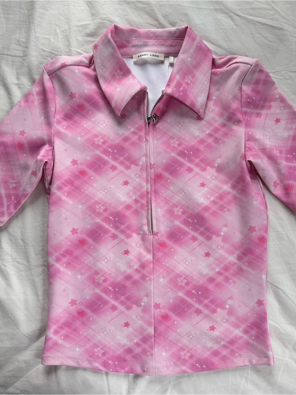 Sandy Liang Pink Star Half-Zip Long Sleeve Top